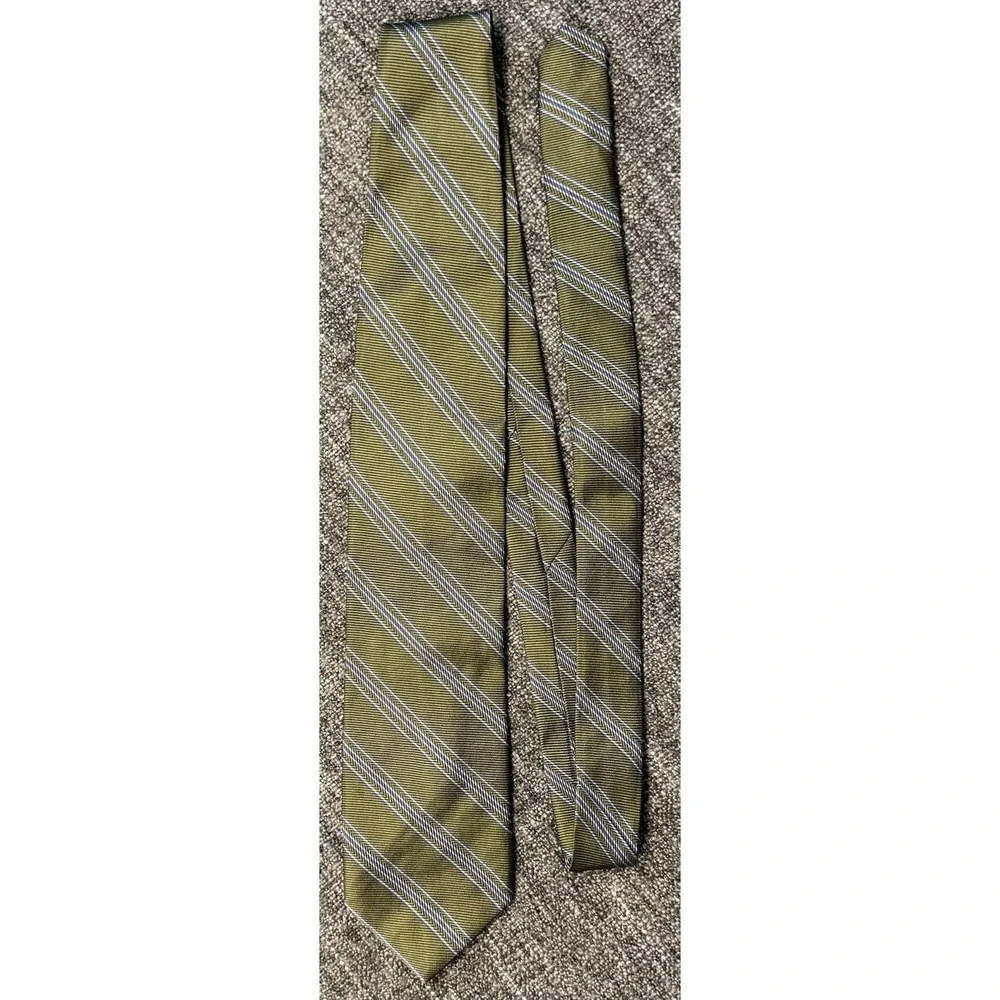 Tom James Royal Classic Silk Striped Tie Olive Green Blue Business Wide Designer